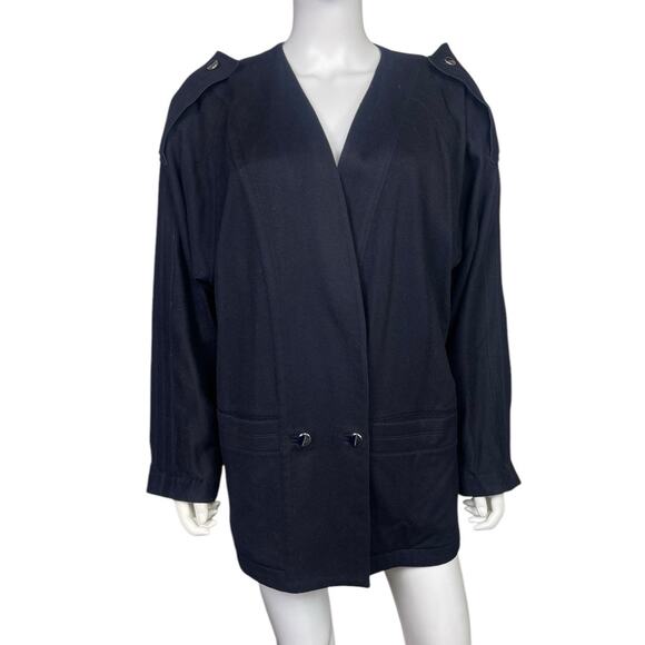 Gianni Versace Vtg 80s Women's 10 Navy Wool Pockets Veck Oversized Jacket EUC